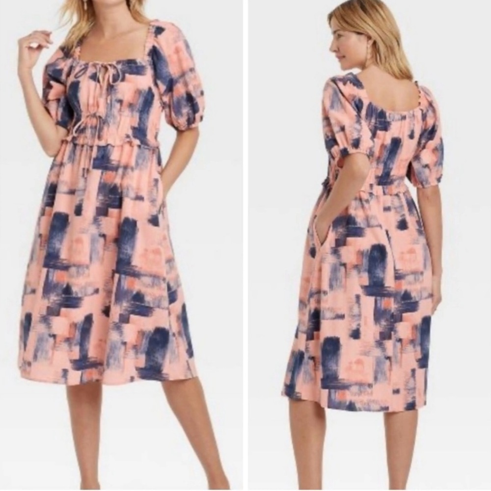 Universal Thread Abstract Print Midi Dress - Puff Sleeve - Size M